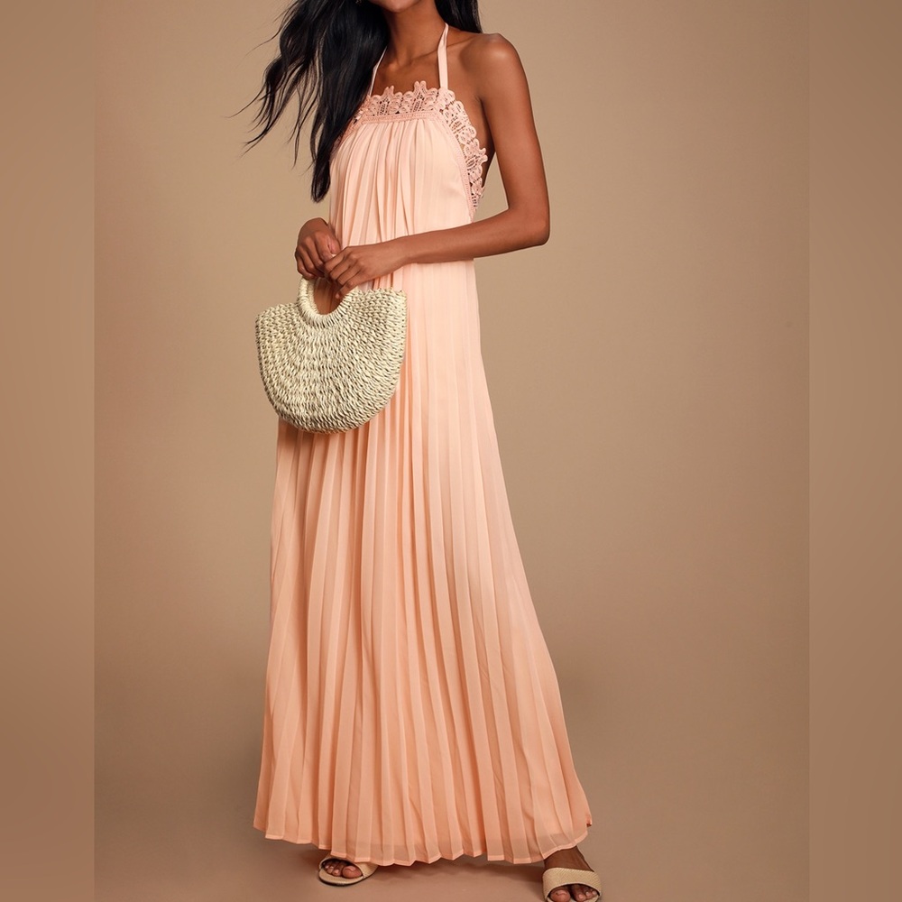 Lulu’s Encinitas Peach Lace Pleated Halter Maxi Dress